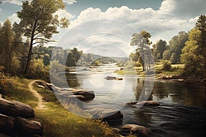 Flowing river at midday beautiful nature landscape, generative AI