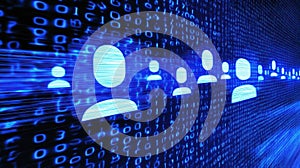 Flowing stream of binary code on a dynamic blue background, visual representation of digital data