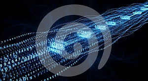 Flowing Stream of Blue Digital Binary Code Data on Black Background image photo