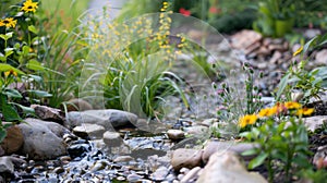 Flowing Stream Encircled by Rocks and Flowers