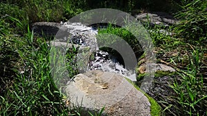 The flowing stream of seething water in a brilliant stream of mountain river.