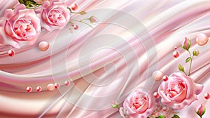 Flowing wallpaper featuring luxury flowing textile, flowers, and glossy beads on a pink silk cloth background. Texture