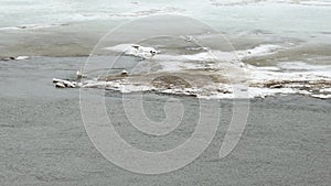 Flowing water on a background of ice. Spring river