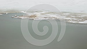 Flowing water on a background of ice. Spring river timelapse