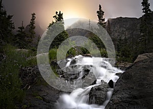 Flowing Water in the Mountains at Sunset