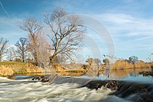 Flowing water in the river, coastal vegetation dispelled by wind
