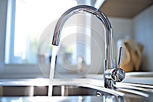 Flowing Water Stream from Faucet into Kitchen Sink - Generative AI