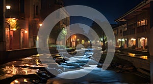 Flowing water stream at night