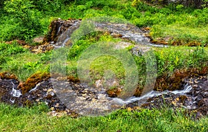 Flowing water through travertine rocks in forest