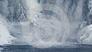 Flowing water in winter. Ice waterfall. Closeup. Winter background