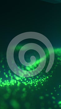 Flowing wave of glowing green digital particles on a dark background