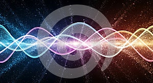 Flowing waves of light particles create a dynamic, vibrant, abstract waveform display