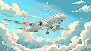 Flown in blue sky with clouds, passenger airplane flight. Concept of travel, commercial aviation, cargo delivery