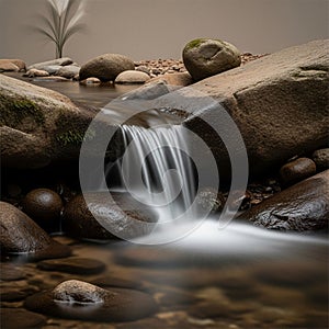 Flows over smooth rounded rocks in a tranquil setting. The water