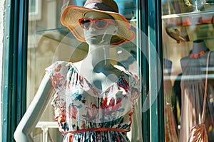 flowy summer dress on mannequin with hat and sunglasses