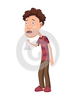 Flu cold. Flu or common cold treatment at home. Man with handkerchief in hand. Season allergy. Allergy sick or flu