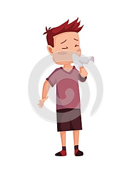 Flu cold. Flu or common cold treatment at home. Young man with handkerchief in hand. Season allergy. Allergy sick or flu