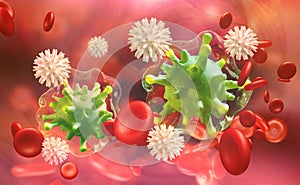 Flu and common cold. Leukocytes attack the virus. Immunity of the body