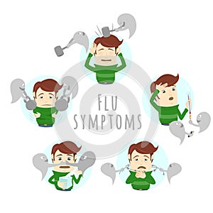 Flu common cold symptoms of influenza. Man suffers cold, fever.