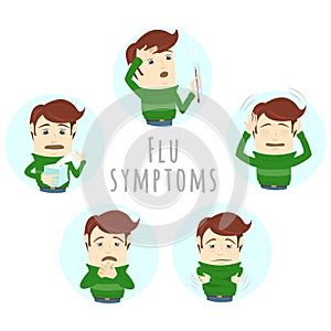 Flu common cold symptoms of influenza. Man suffers cold, fever.