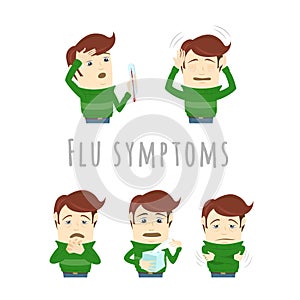 Flu common cold symptoms of influenza. Man suffers cold, fever.