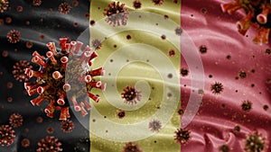 Flu coronavirus floating over Belgian flag. Belgium and pandemic Covid19. Europe