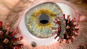 Flu coronavirus floating over male green eye macro shot. Covid19 dangerous flu