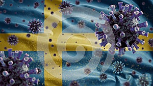 Flu coronavirus floating over Swedish flag. Sweden and pandemic Covid 19 virus