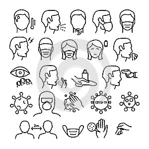 Flu And Coronavirus Symptoms Medical Collection Icons Set Vector Thin Line. Chills And Fever, Cough And Runny Nose, Flu photo