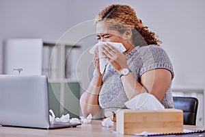 flu, covid and sick corporate employee suffering with a cold or flu, working on laptop, blow nose or sneezing in an