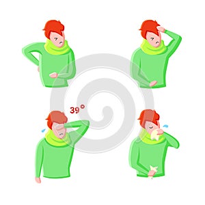 Flu disease flat icons set. Color illustrations