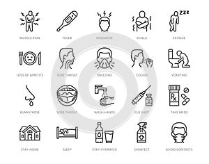 Flu disease prevention, cold symptoms flat line icons set. Fever headache sneeze, sore throat vector illustrations