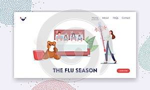 Flu Season Landing Page Template. Ill Family Sit in Bed with Fever, Sneezing with Runny Nose. Contagious Viral Disease