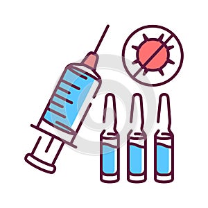 Barva linka ikona. vakcína vzhledem k jehla v paže. piktogram pavučina strana mobilní,. 