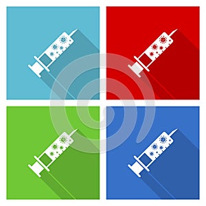 Flu shot, syringe symbol icon set, flat design vector illustration