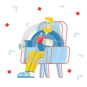 Flu and Sickness Concept. Sick Person Having Cold. Diseased Sad Man Sitting in Armchair Drinking Hot Beverage