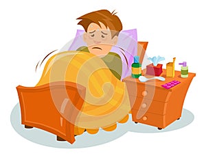 Flu sickness. Sick person having cold. Ill man headache. Medicine for the disease. Flu illness person. Ð¡artoon sick man.