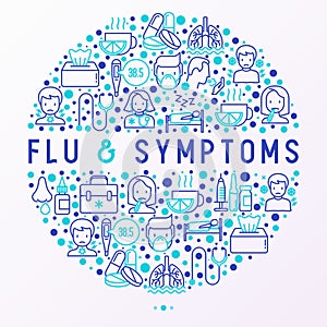 Flu and symptoms concept in circle thin line icons