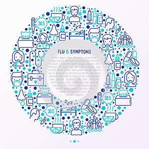 Flu and symptoms concept in circle thin line icons