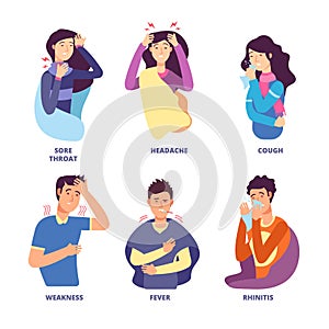 Flu symptoms. People demonstrating cold sickness. Fever cough, snot chills, dizziness. Vector characters for flu