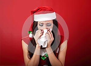 Flu. Unhappy frustration sick woman holding paper tissue near he