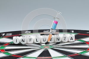 Flu vaccination, syringe, dice, dart board