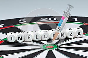 Flu vaccination, syringe, dice, dart board