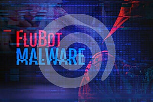 Flubot malware concept with hooded hacker and glitch effect