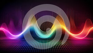 fluctuating vibrant glowing digital waveforms on a black grid background
