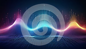 fluctuating vibrant glowing digital waveforms on a black grid background