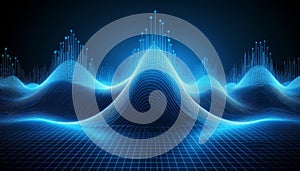 fluctuating vibrant glowing digital waveforms on a black grid background