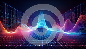 fluctuating vibrant glowing digital waveforms on a black grid background