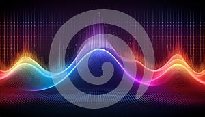 fluctuating vibrant glowing digital waveforms on a black grid background