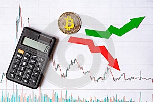 Fluctuations  and forecasting of exchange rates of virtual money bitcoin. Red and green arrows with golden Bitcoin ladder on white